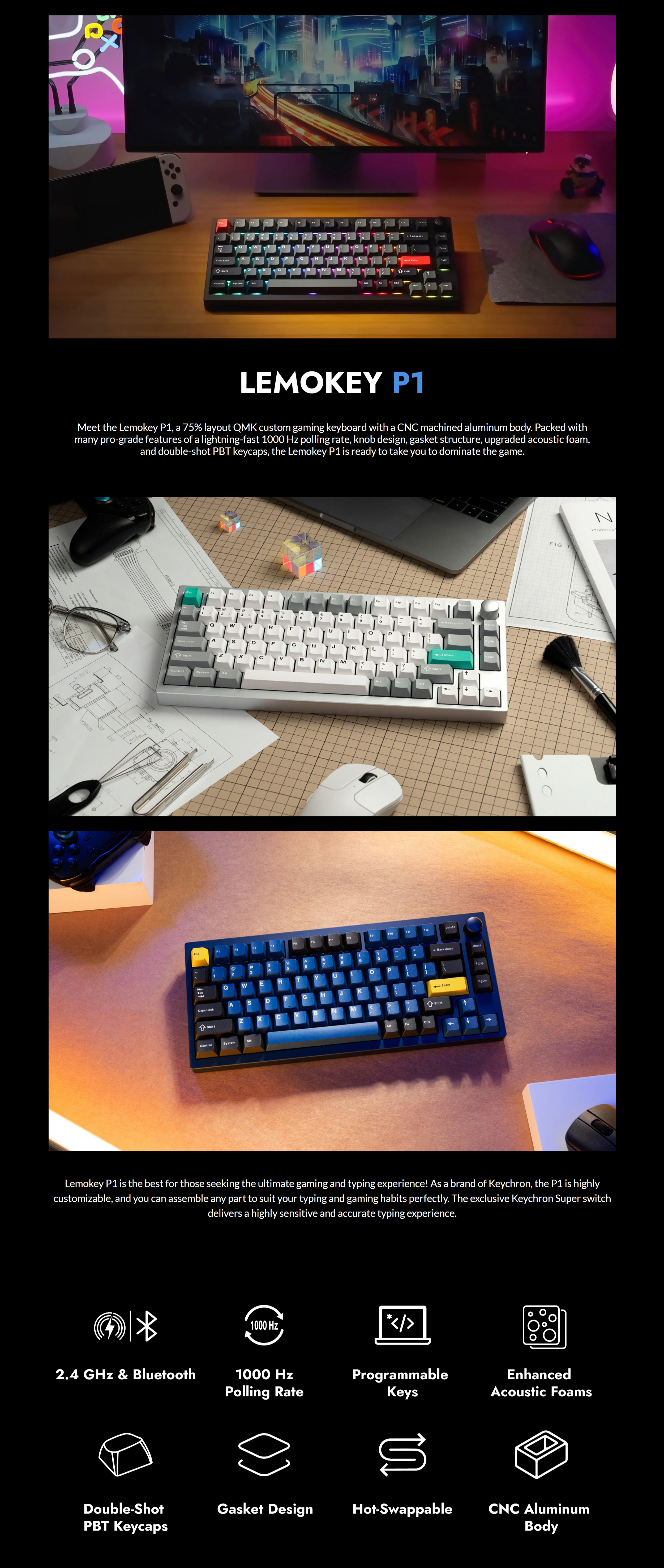 A large marketing image providing additional information about the product Keychron Lemokey P1 Pro - 75% QMK/VIA Wireless Custom Mechanical Keyboard - Black (Gateron Jupiter Banana Switch) - Additional alt info not provided